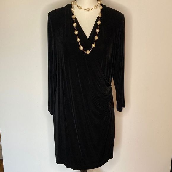 Chico’s Dress Travelers Faux Wrap Black Long Sleeves Slinky Dress - Picture 2 of 12